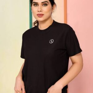 Women Solid, Self Design Round Neck Polyester Black T-Shirt