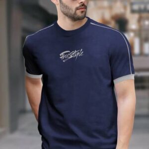 Men Typography Round Neck Cotton Blend Navy Blue T-Shirt