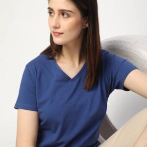 Women Solid V Neck Pure Cotton Blue T-Shirt