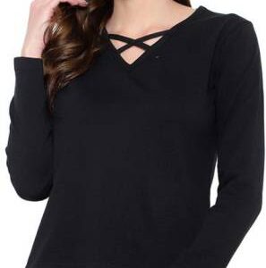 Women Solid V Neck Cotton Blend Black T-Shirt